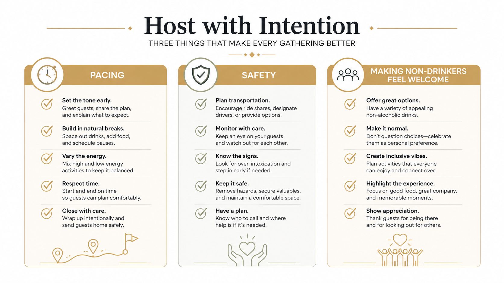 An infographic titled Host with Intention providing tips for pacing, safety, and welcoming non-drinkers at social gatherings.