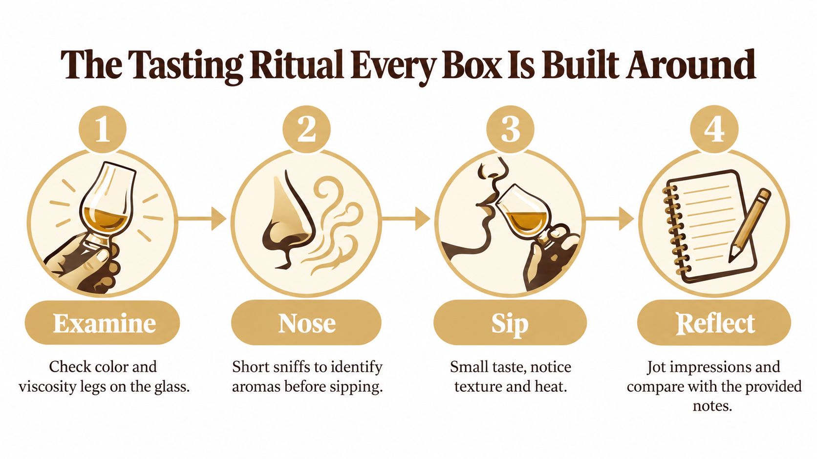 A four-step infographic illustrating the ritual of tasting whiskey, including examining, nosing, sipping, and reflecting on notes.