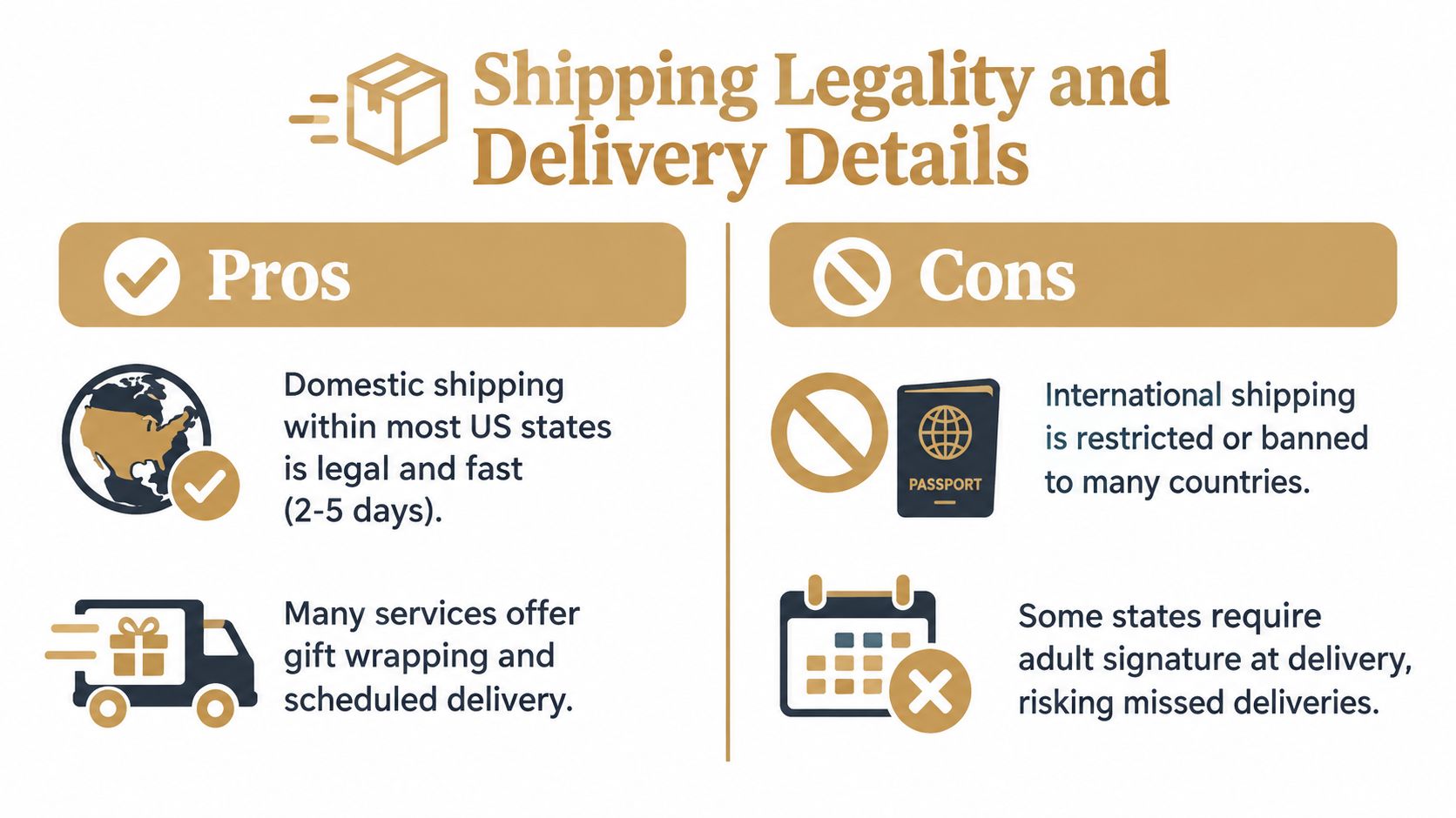 An infographic detailing the pros and cons of shipping, focusing on domestic delivery and legal restrictions.