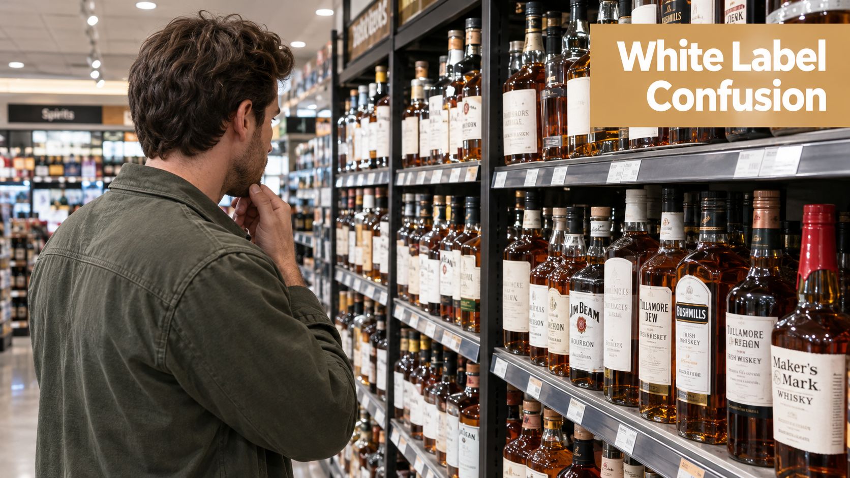 A man thoughtfully looking at a shelf full of various whiskey bottles in a liquor store aisle.