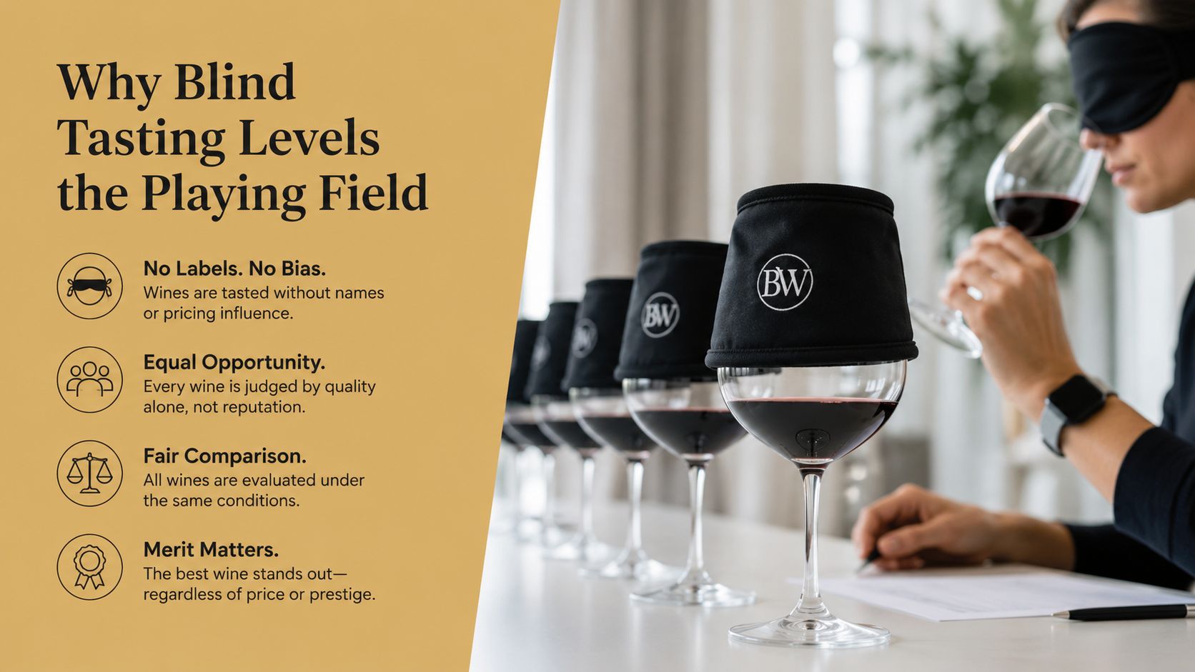 A blindfolded person tasting wine with covered glasses to ensure an unbiased and fair evaluation process.
