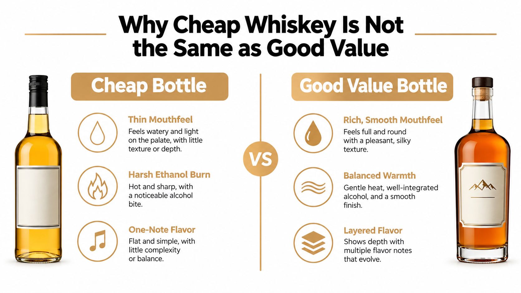 A comparison chart showing the quality differences between a cheap whiskey and a good value whiskey bottle.