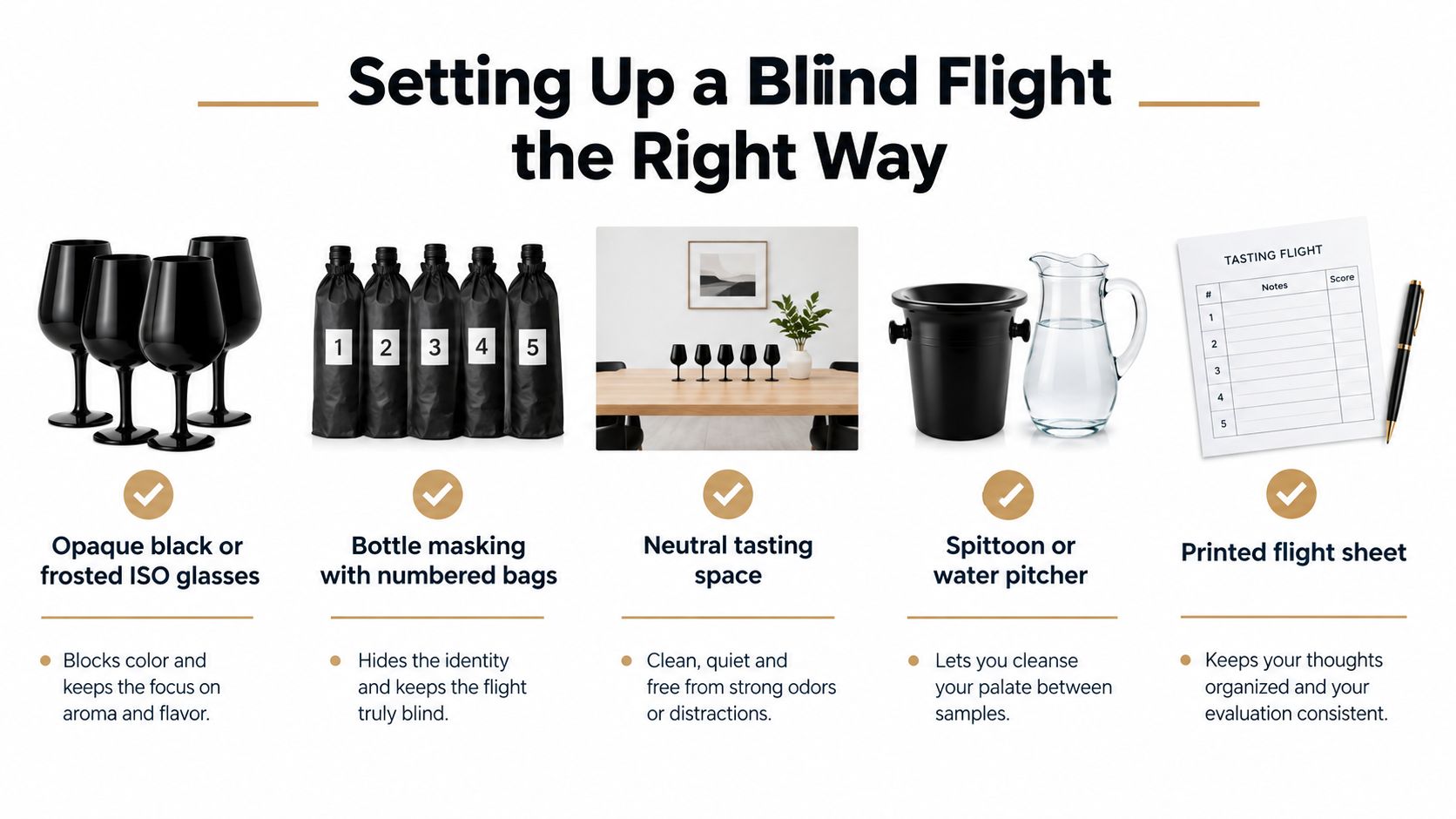 An infographic showing five essential items needed to set up a professional blind wine tasting experience.