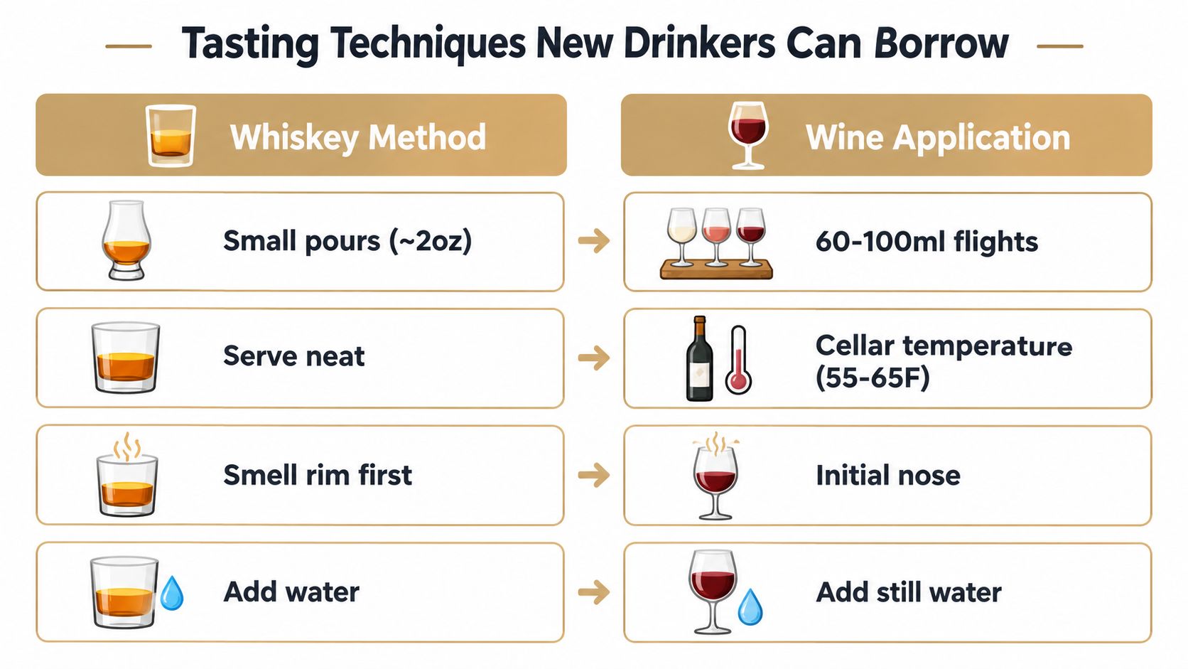 A comparison chart showing how four whiskey tasting techniques can be adapted for wine tasting.
