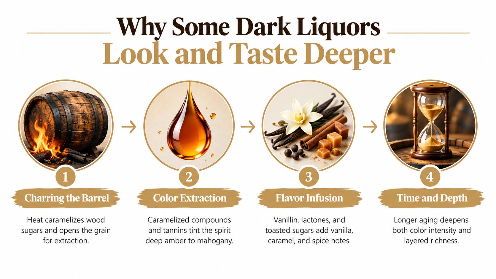 A four-step infographic explaining the process of how dark liquors develop their deep colors and complex flavors.