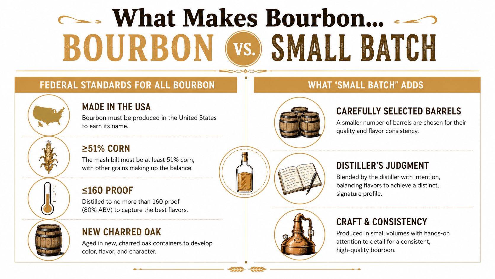 An infographic comparing federal bourbon production requirements with the added qualities of small batch bourbon.
