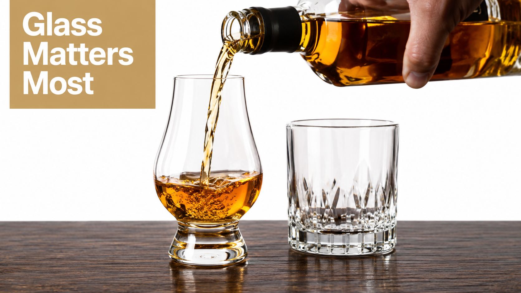 Golden whiskey being poured from a bottle into a specialized Glencairn glass on a dark wooden table.