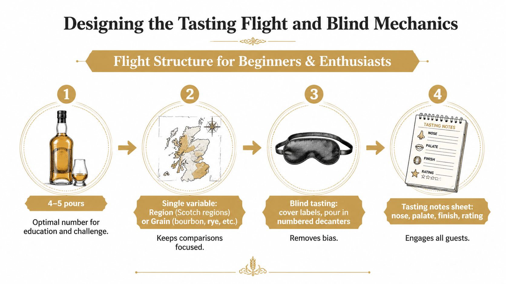 A four-step infographic illustrating how to design a structured whiskey tasting flight for beginners and enthusiasts.