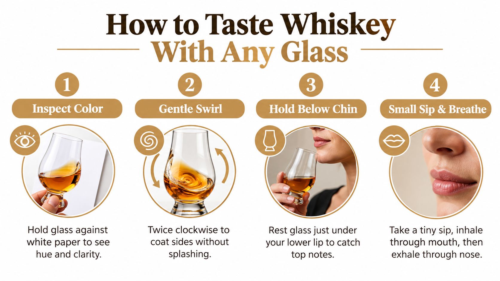 An instructional infographic detailing four easy steps on how to properly taste whiskey using any glass.