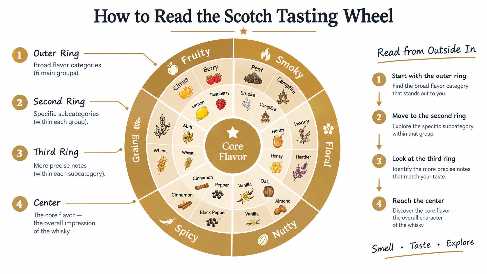 A circular Scotch tasting wheel illustration explaining how to identify whiskey flavors from broad categories to specific notes.