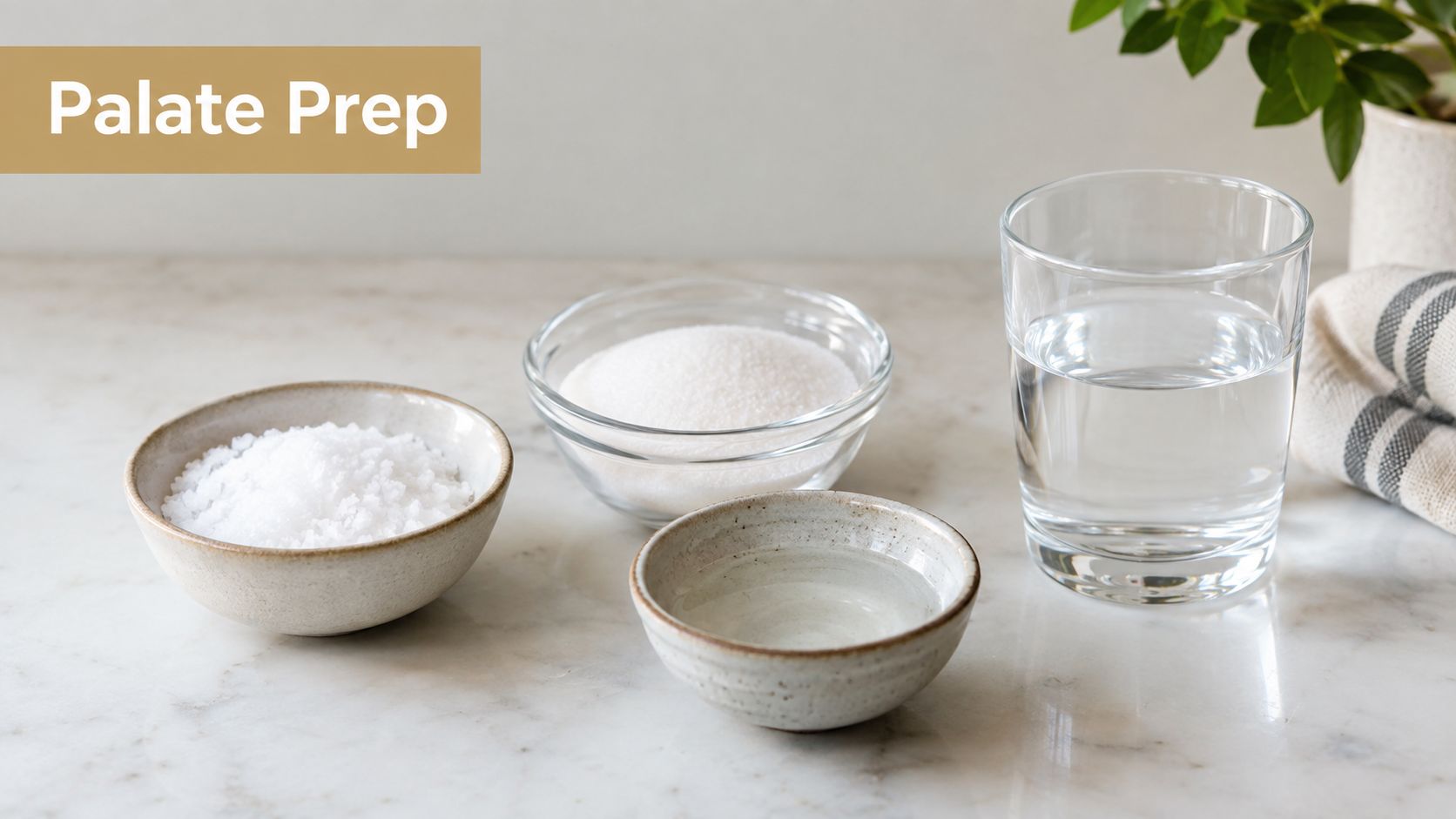 Bowls of salt and sugar, a glass of water, and a small dish of liquid on a counter.