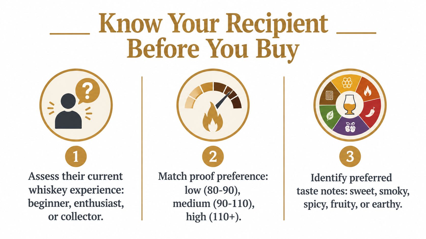 An infographic titled Know Your Recipient Before You Buy providing three tips for choosing whiskey gifts.