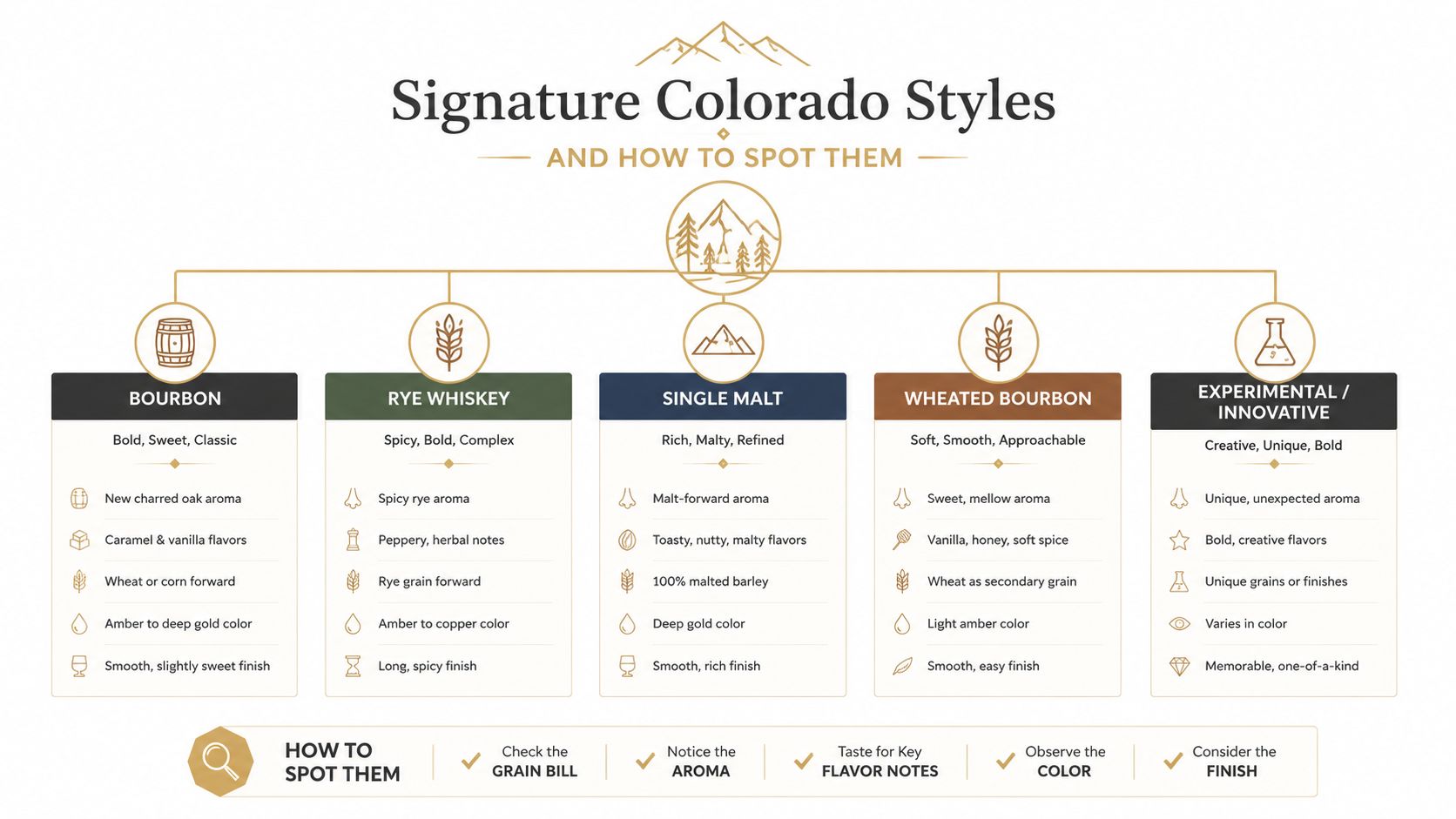 An infographic titled Signature Colorado Styles outlining the flavor profiles and characteristics of various whiskey types.