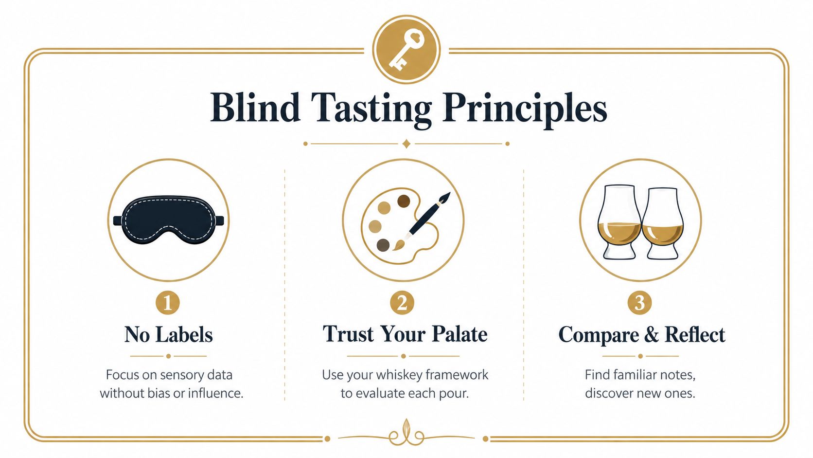 A diagram titled Blind Tasting Principles illustrating three steps with icons for blind tasting, whiskey tasting, and comparison.