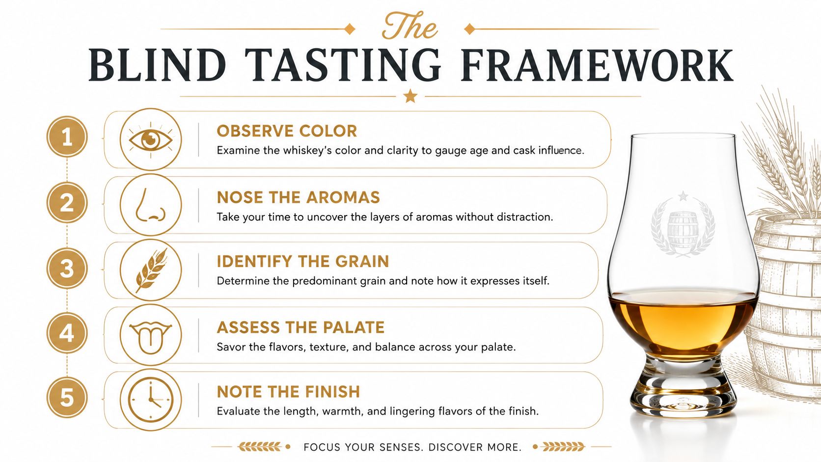 A five-step guide for whiskey blind tasting featuring visual icons for sight, smell, grain, taste, and finish.