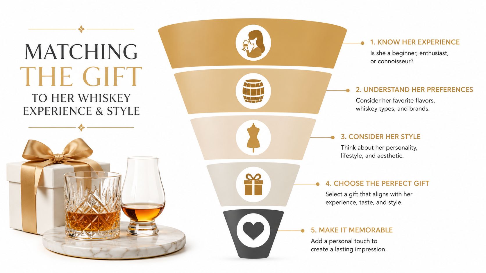 A marketing funnel infographic guiding on how to select the perfect whiskey gifts for women.
