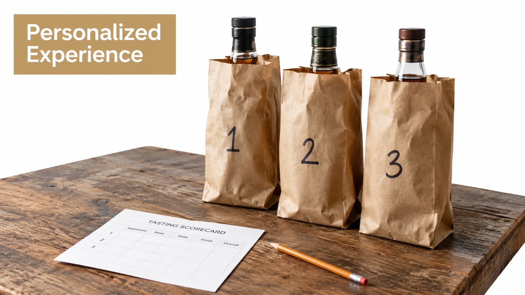 Three whiskey bottles in numbered paper bags on a wooden table with a tasting scorecard and pencil.