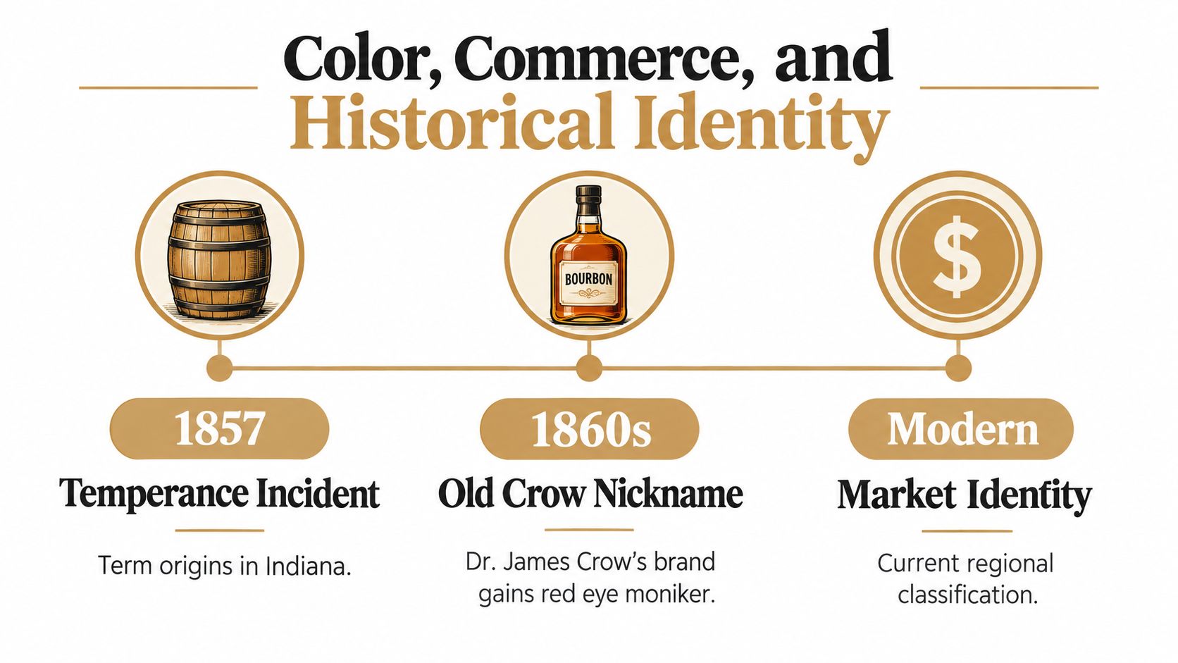 A timeline graphic illustrating the historical development and cultural identity associated with bourbon whiskey through three eras.
