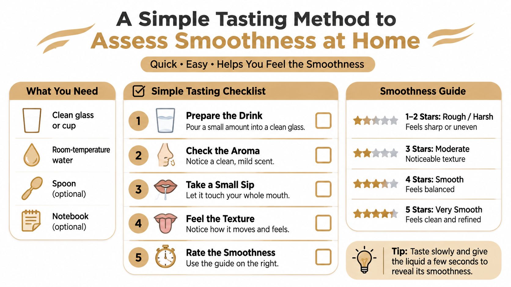 An instructional infographic detailing a five-step home tasting method to assess the smoothness of a beverage.