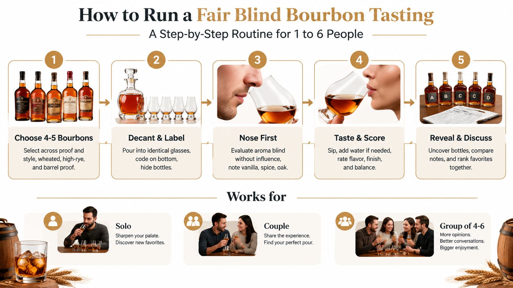 An infographic showing a five-step process for conducting a fair and organized blind bourbon tasting event.