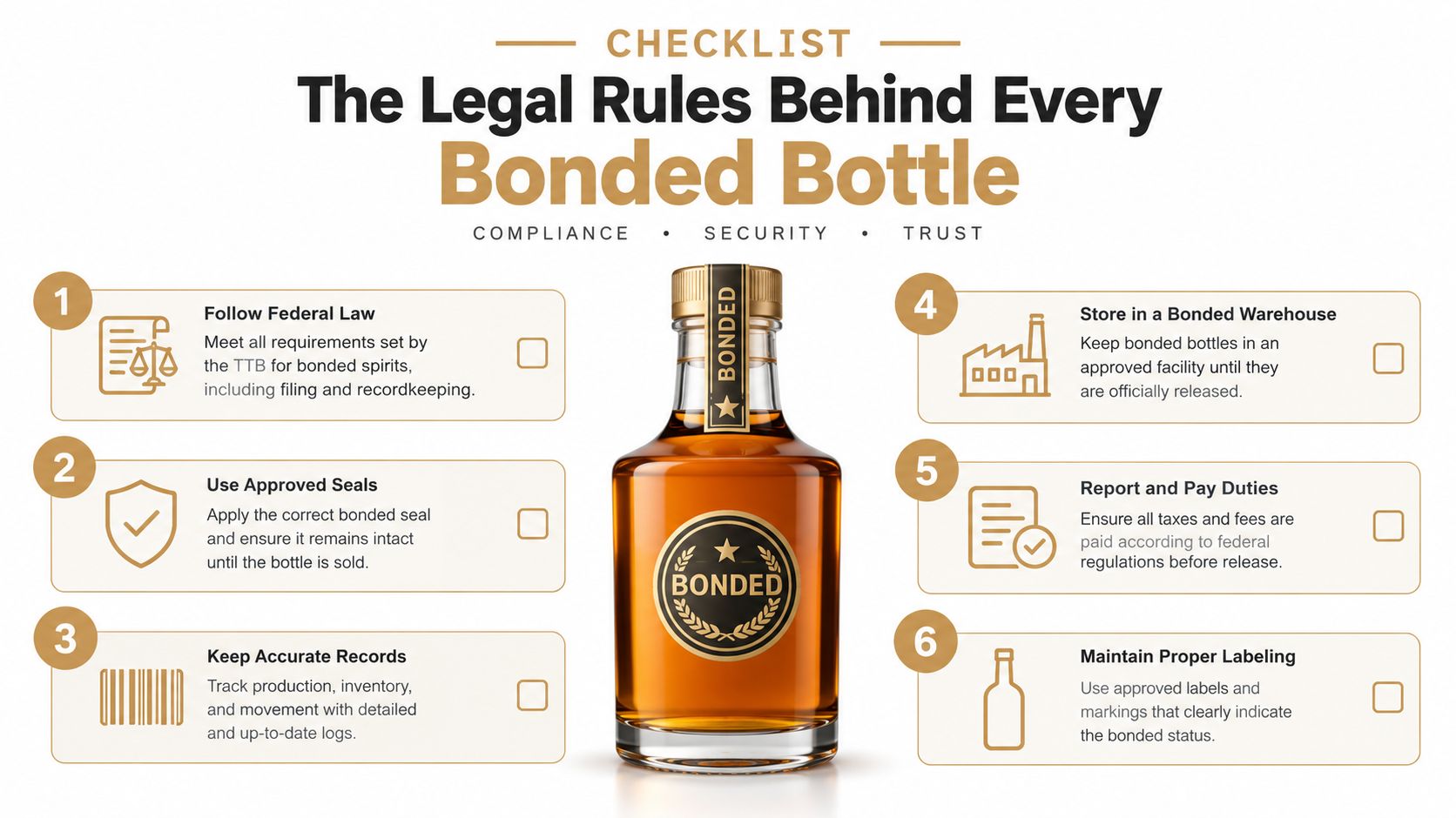 A checklist infographic titled The Legal Rules Behind Every Bonded Bottle highlighting six compliance steps for spirits.