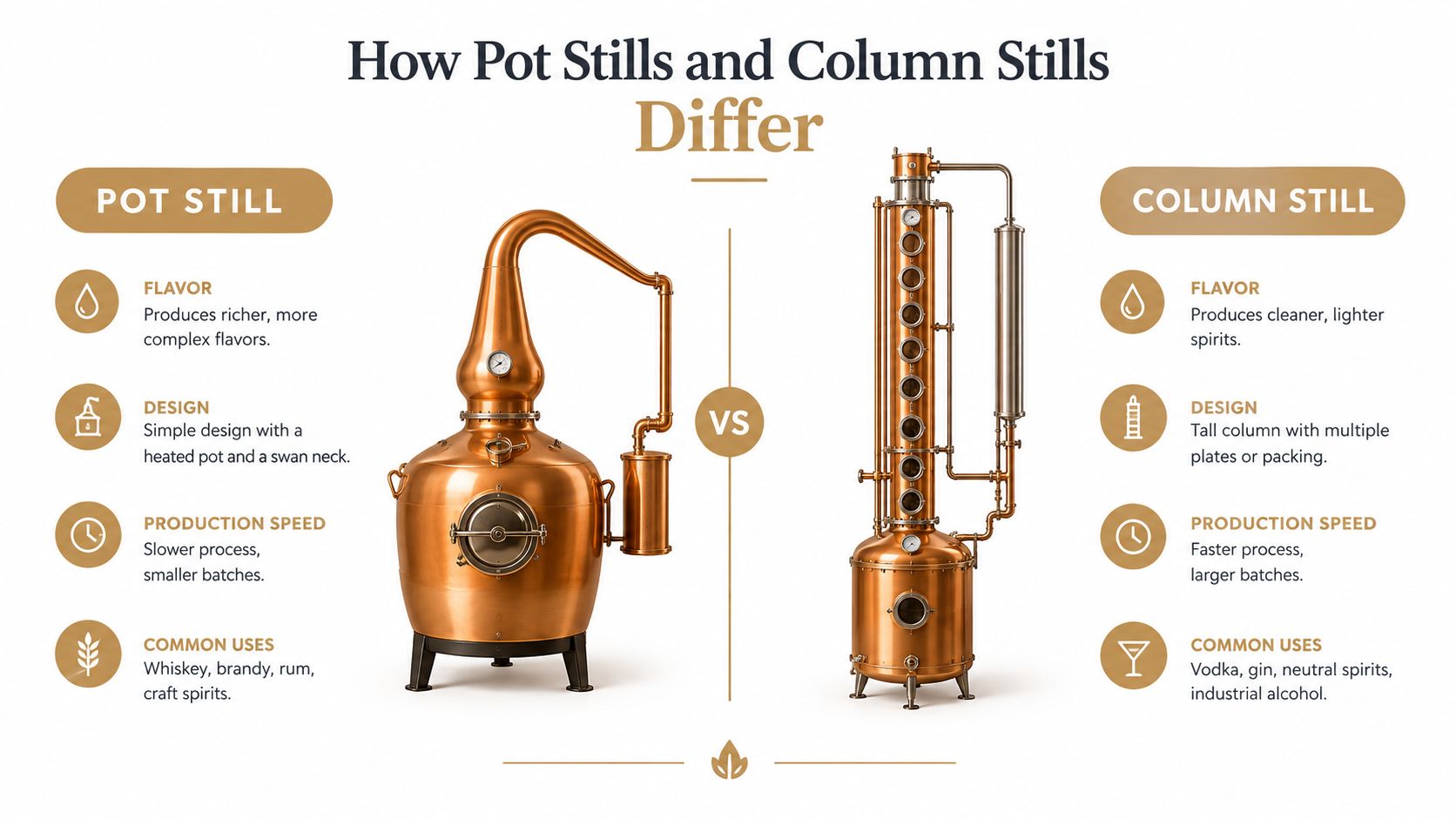 An infographic comparing the design, production speed, and common uses of traditional pot stills and column stills.
