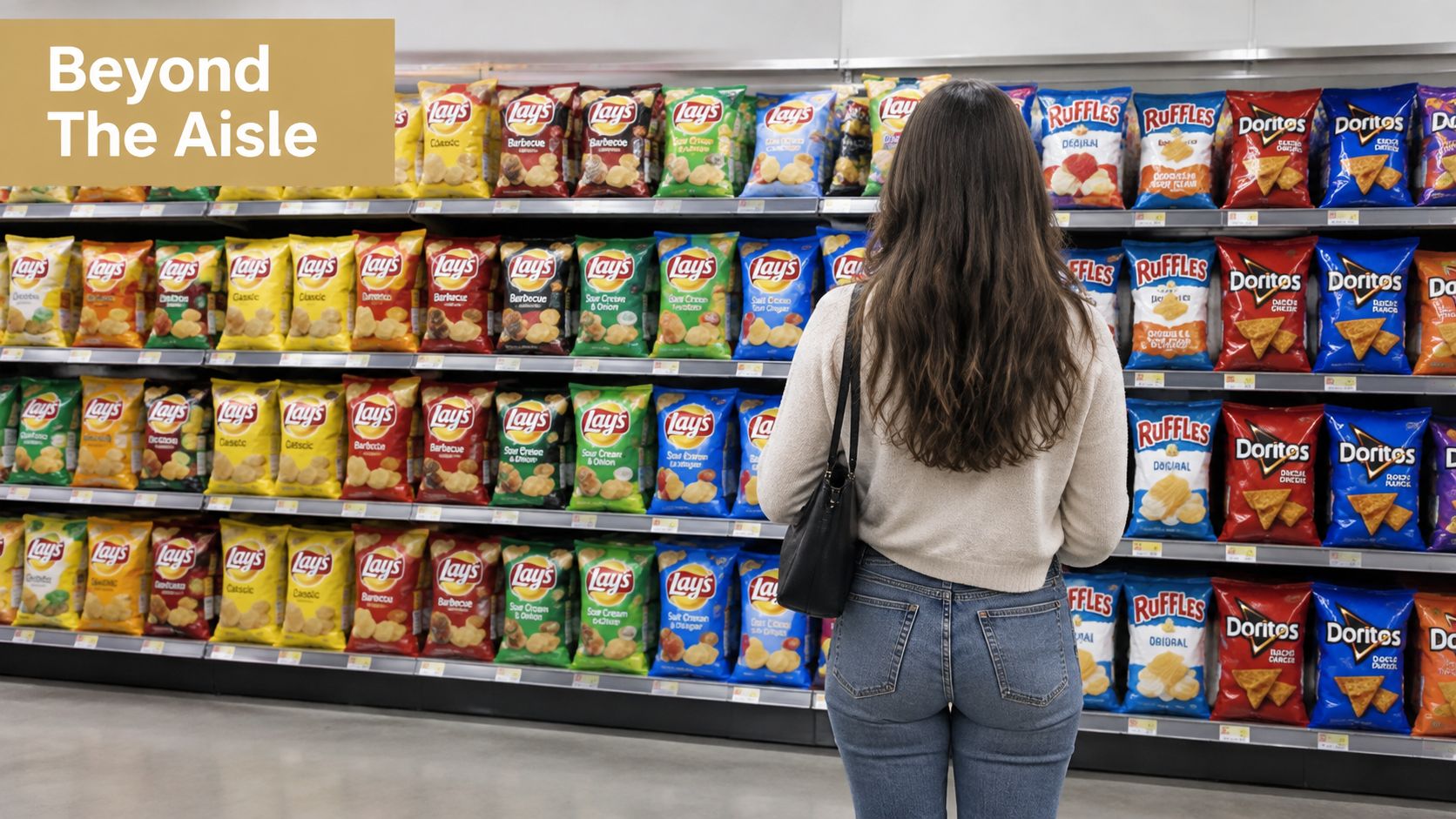 A woman stands in a grocery store aisle looking at various bags of Lay's, Ruffles, and Doritos chips.