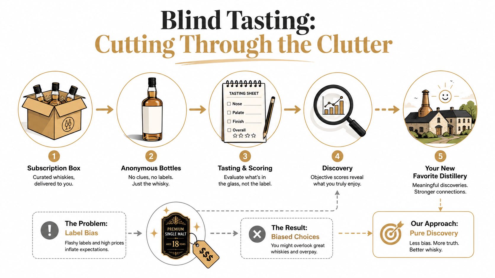A five-step infographic explaining a blind tasting process for whiskey to avoid label bias and discover new favorites.