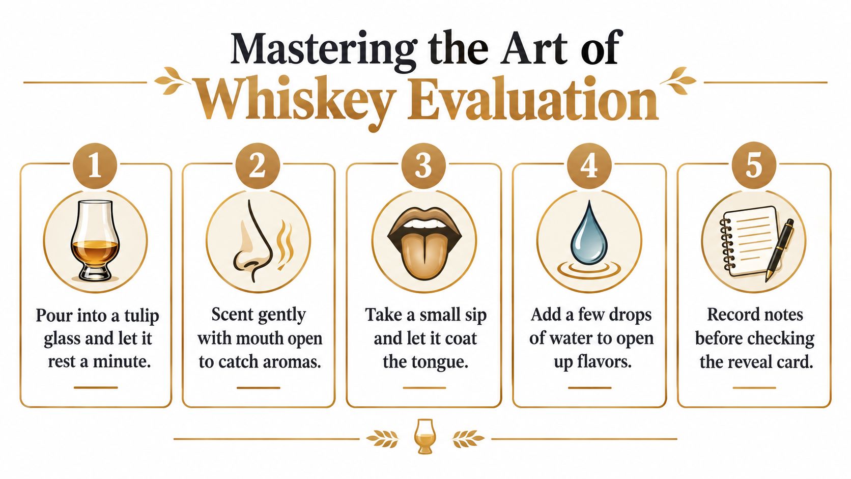 A step-by-step guide on mastering the art of whiskey evaluation, featuring five simple tasting instructions.