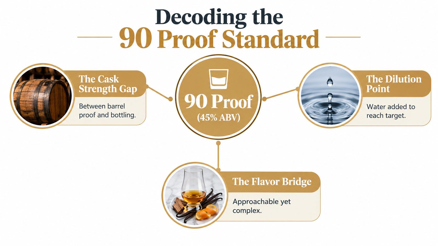 An infographic explaining the 90 proof standard in whiskey featuring cask strength, dilution, and flavor profile.