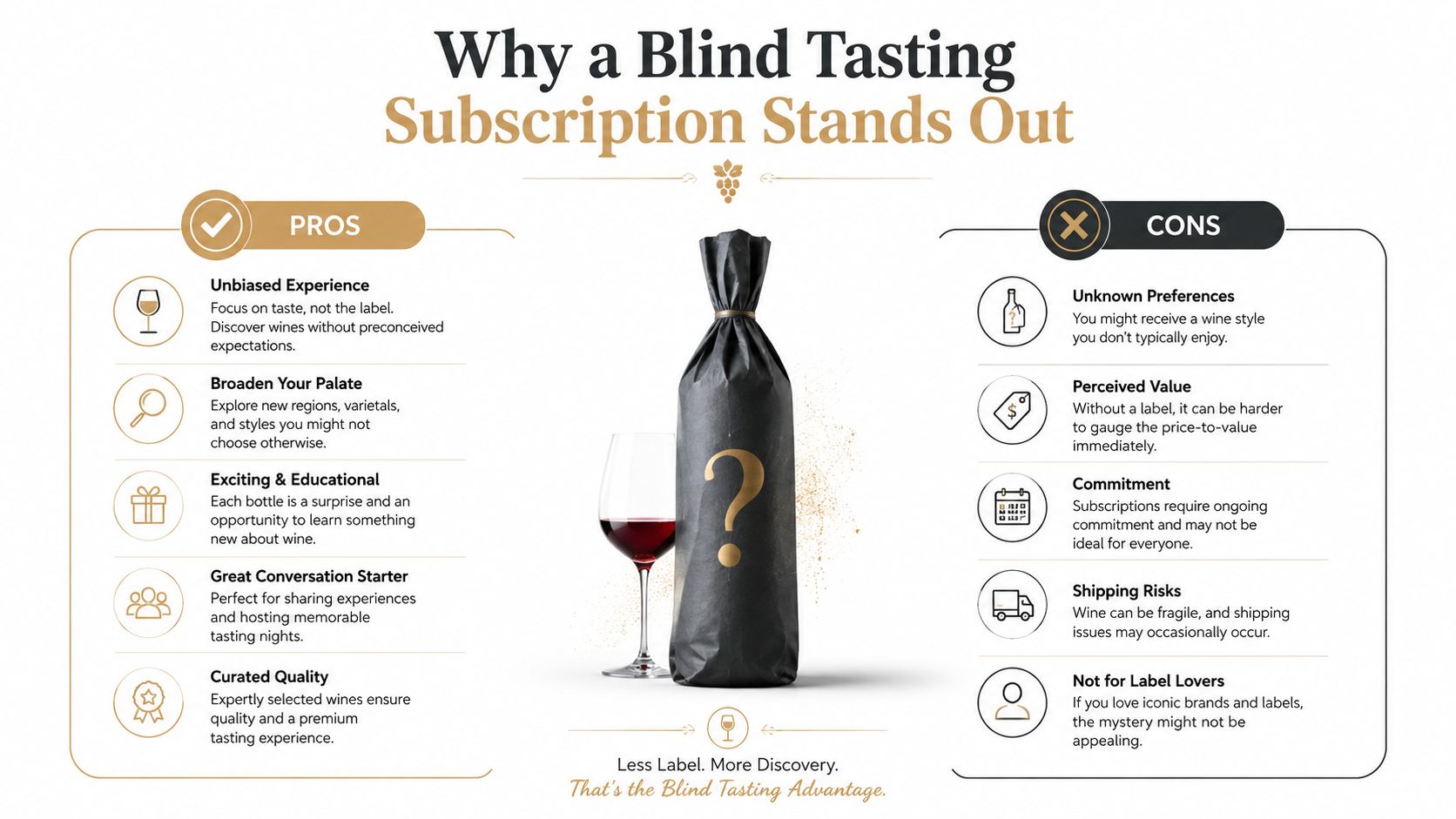 An infographic comparing the pros and cons of a blind wine tasting subscription service.