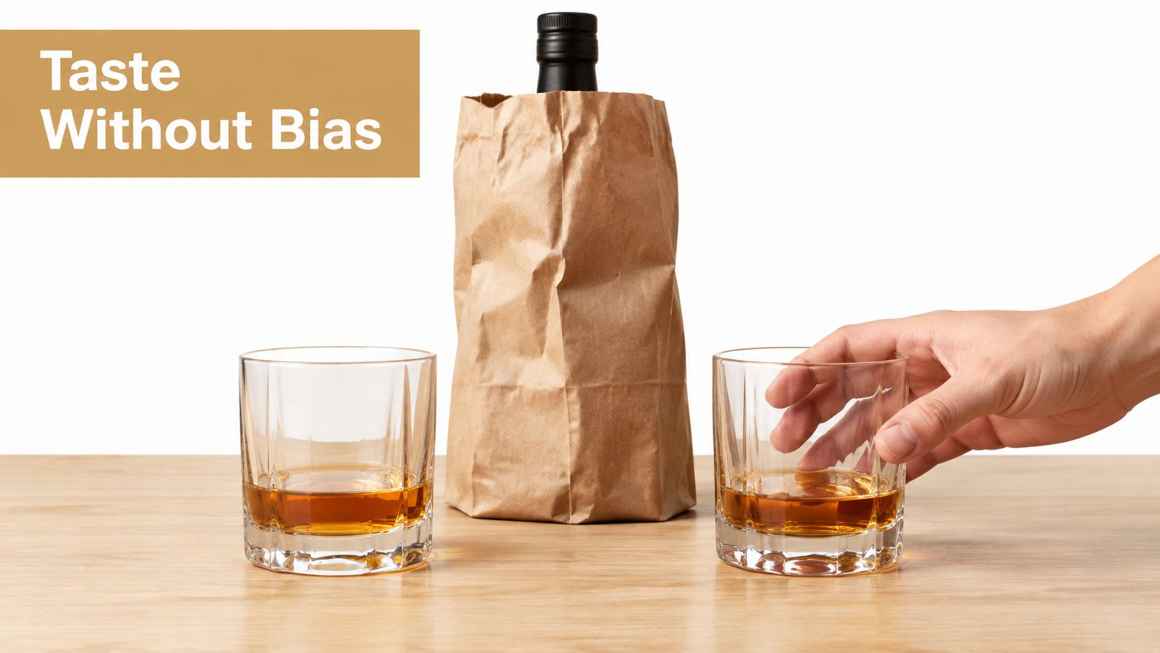 A hand reaches for a glass of whiskey next to a brown paper-bag-covered bottle of alcohol.