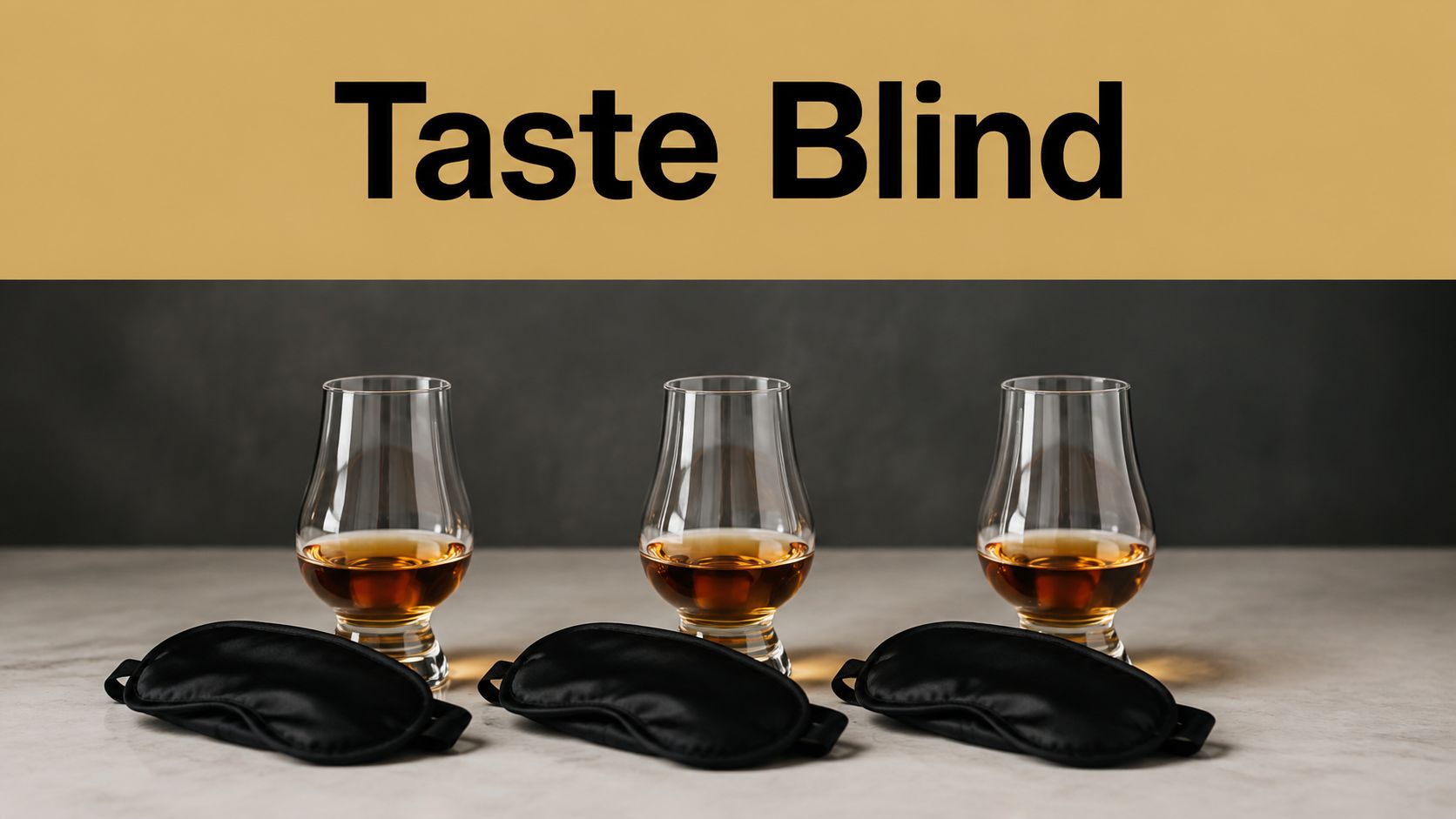 Three glasses of amber whiskey and black sleep masks arranged for a blind tasting session.