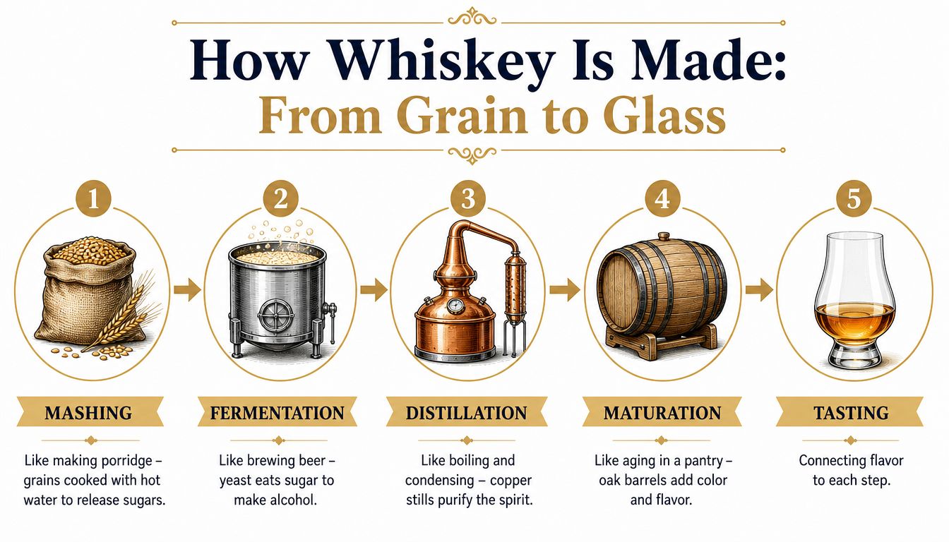 An infographic detailing the five steps of whiskey production from grain mashing to final glass tasting.