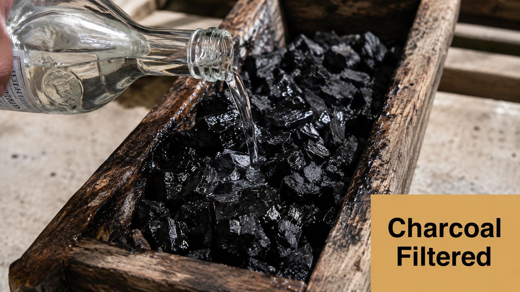 A clear liquid is being poured from a glass bottle over a bed of black charcoal pieces.