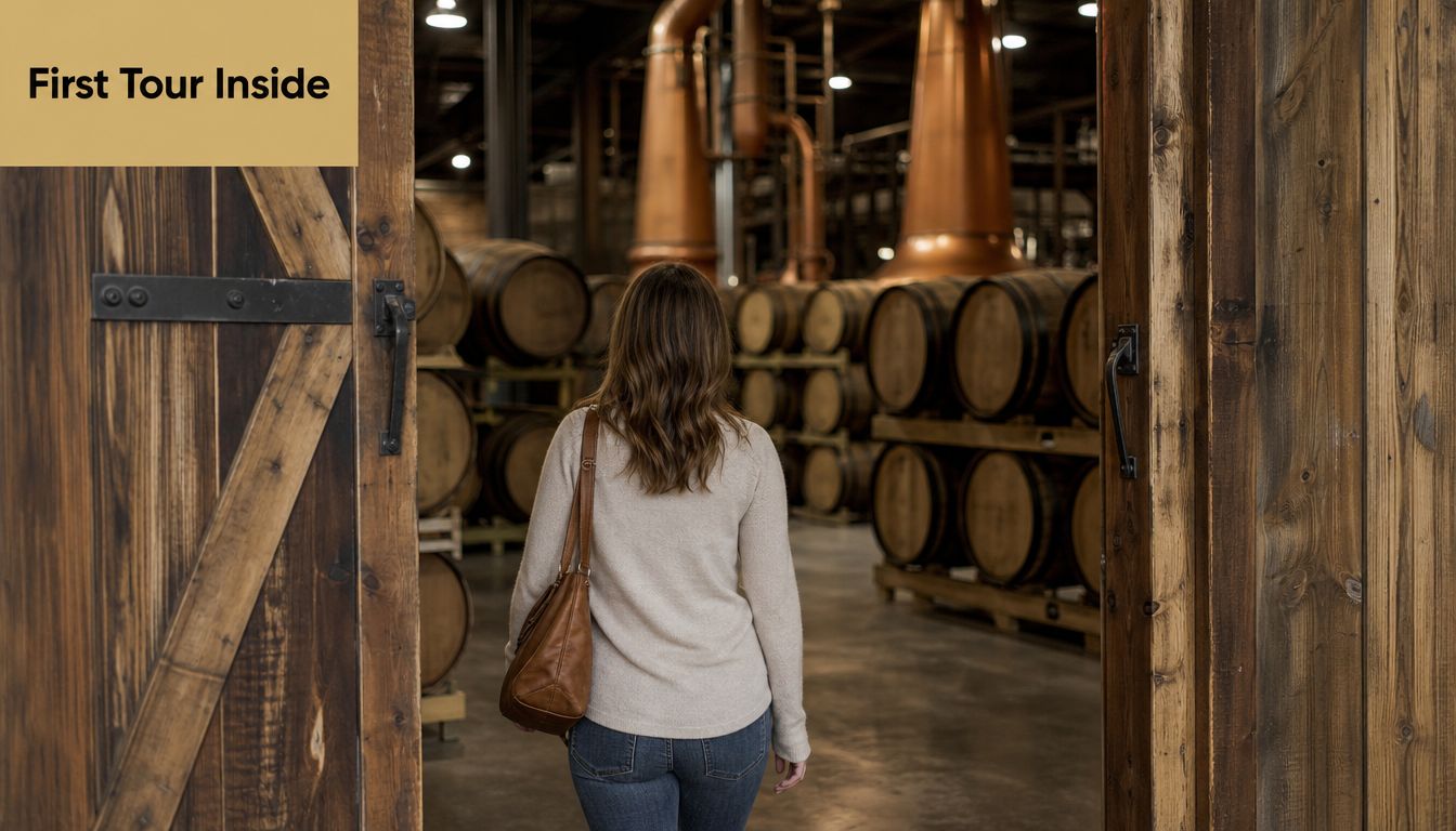 A woman walks through large wooden doors into a spacious distillery filled with whiskey barrels and copper stills.