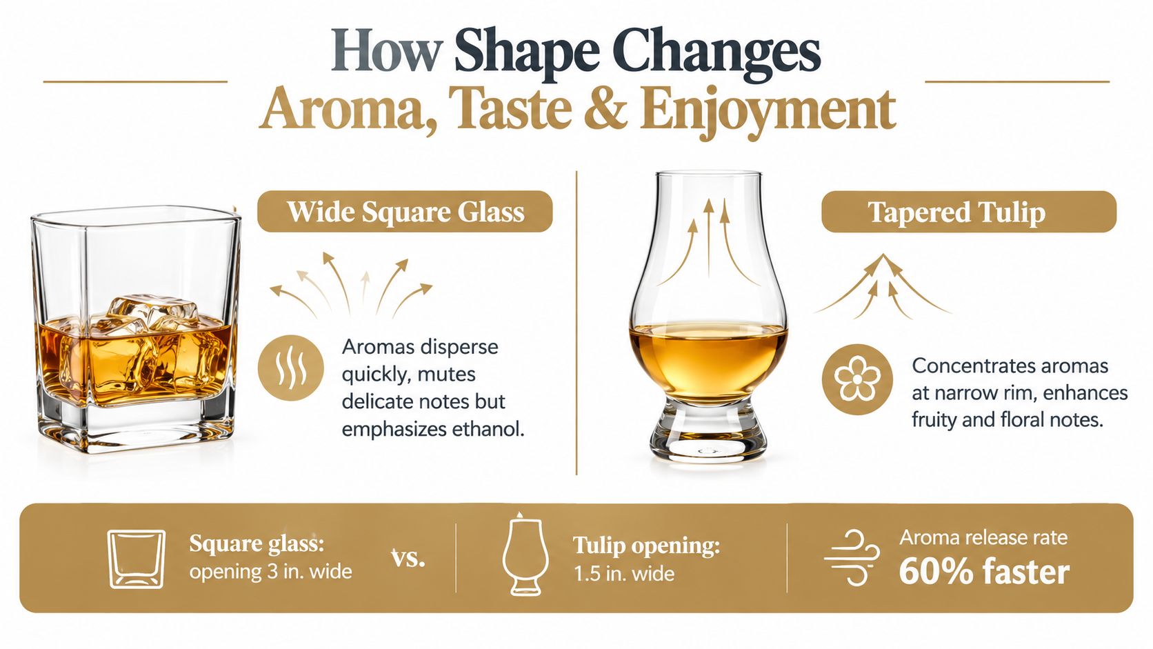 A diagram comparing how a wide square glass and a tapered tulip glass affect whisky aroma perception.