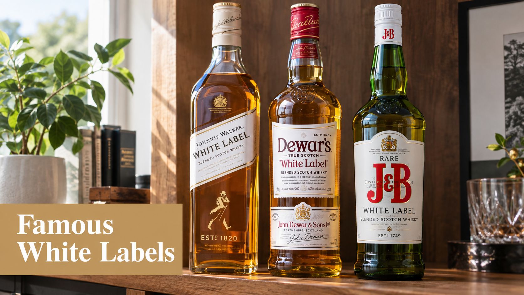 Three bottles of blended Scotch whisky featuring iconic white labels arranged on a wooden shelf indoors.