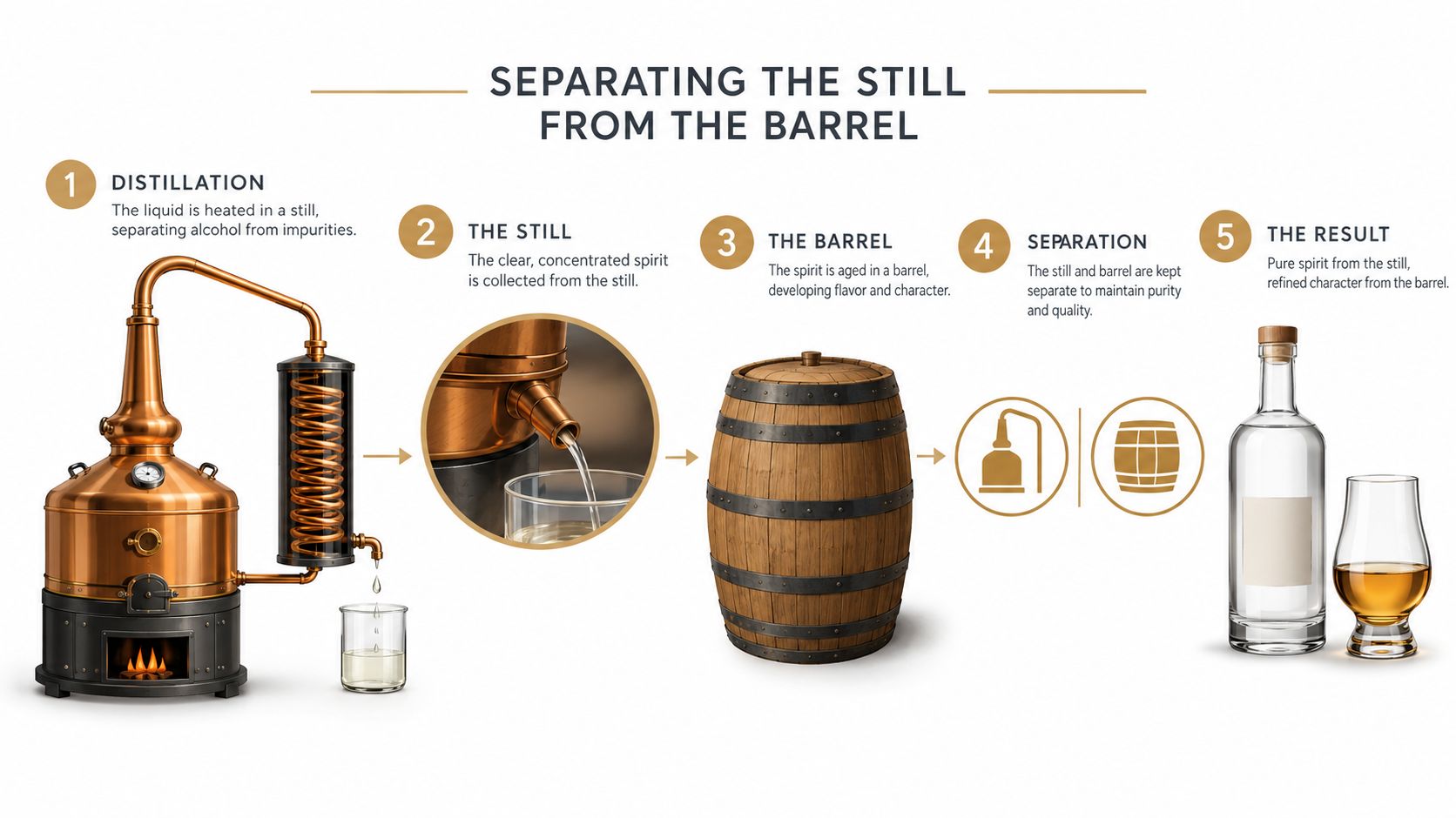 A five-step infographic explaining the process of distilling and aging spirit from a copper pot still.