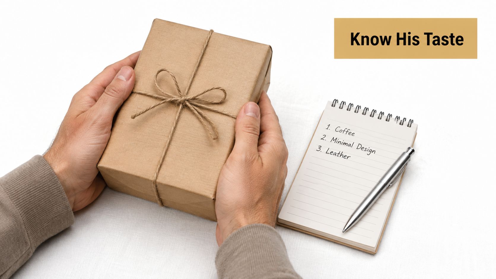 A person holding a wrapped gift box next to a notebook with a list of gift ideas.