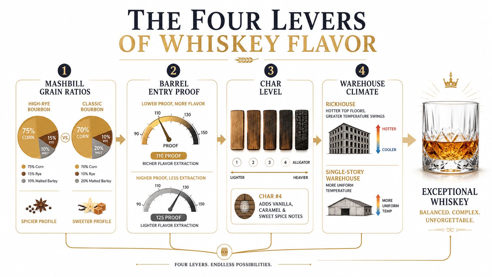 An infographic titled The Four Levers of Whiskey Flavor explaining grain ratios, proof, char levels, and warehouse climates.