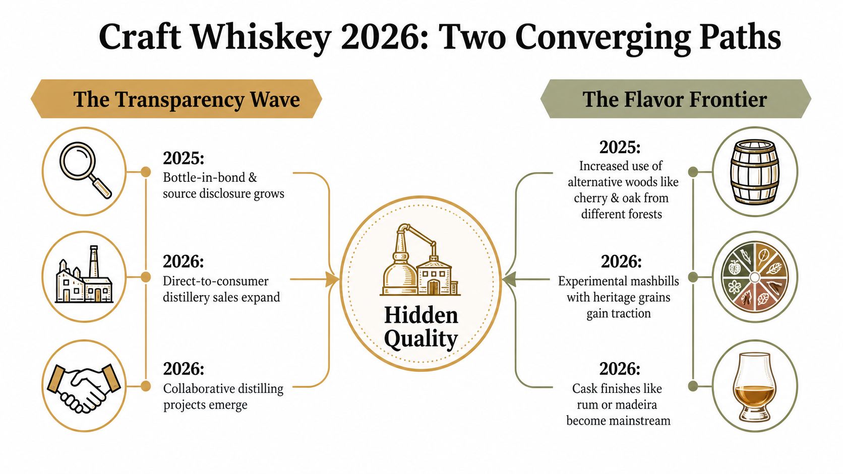 An infographic titled Craft Whiskey 2026 showing the transparency wave and flavor frontier paths converging on hidden quality.