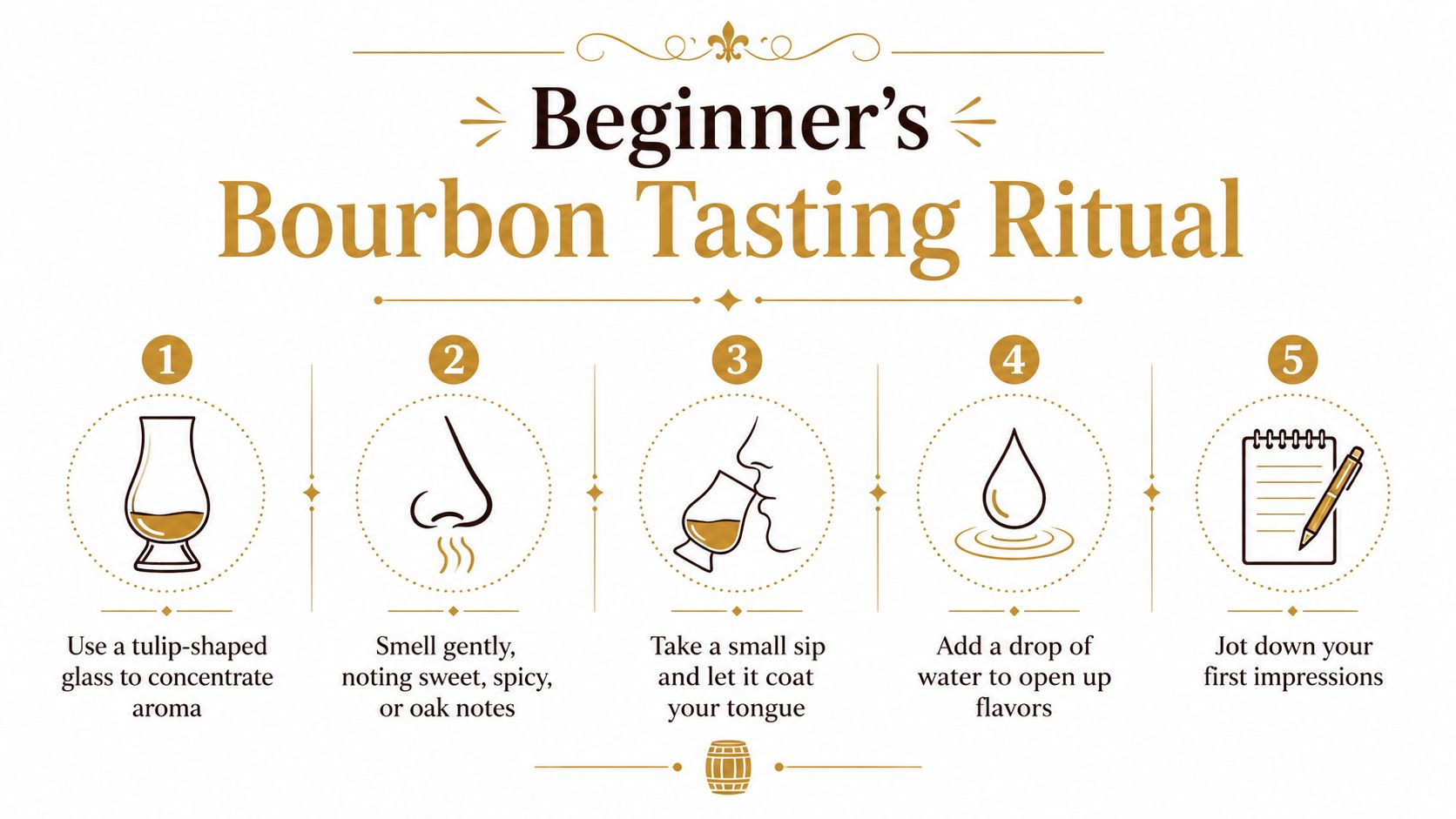 A five-step instructional guide on how to properly taste and enjoy bourbon whiskey for beginners.