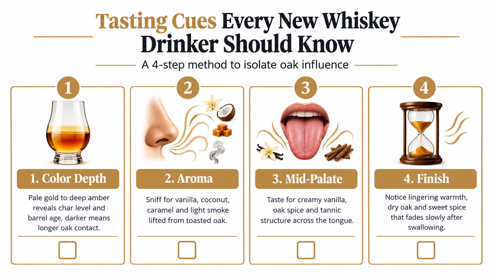 An infographic titled Tasting Cues Every New Whiskey Drinker Should Know illustrating a four-step method for assessing oak influence.