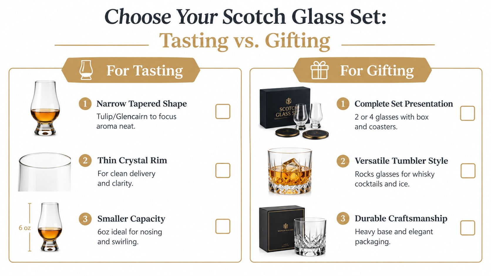 An infographic comparing features of scotch glass sets designed for tasting versus those meant for gifting purposes.