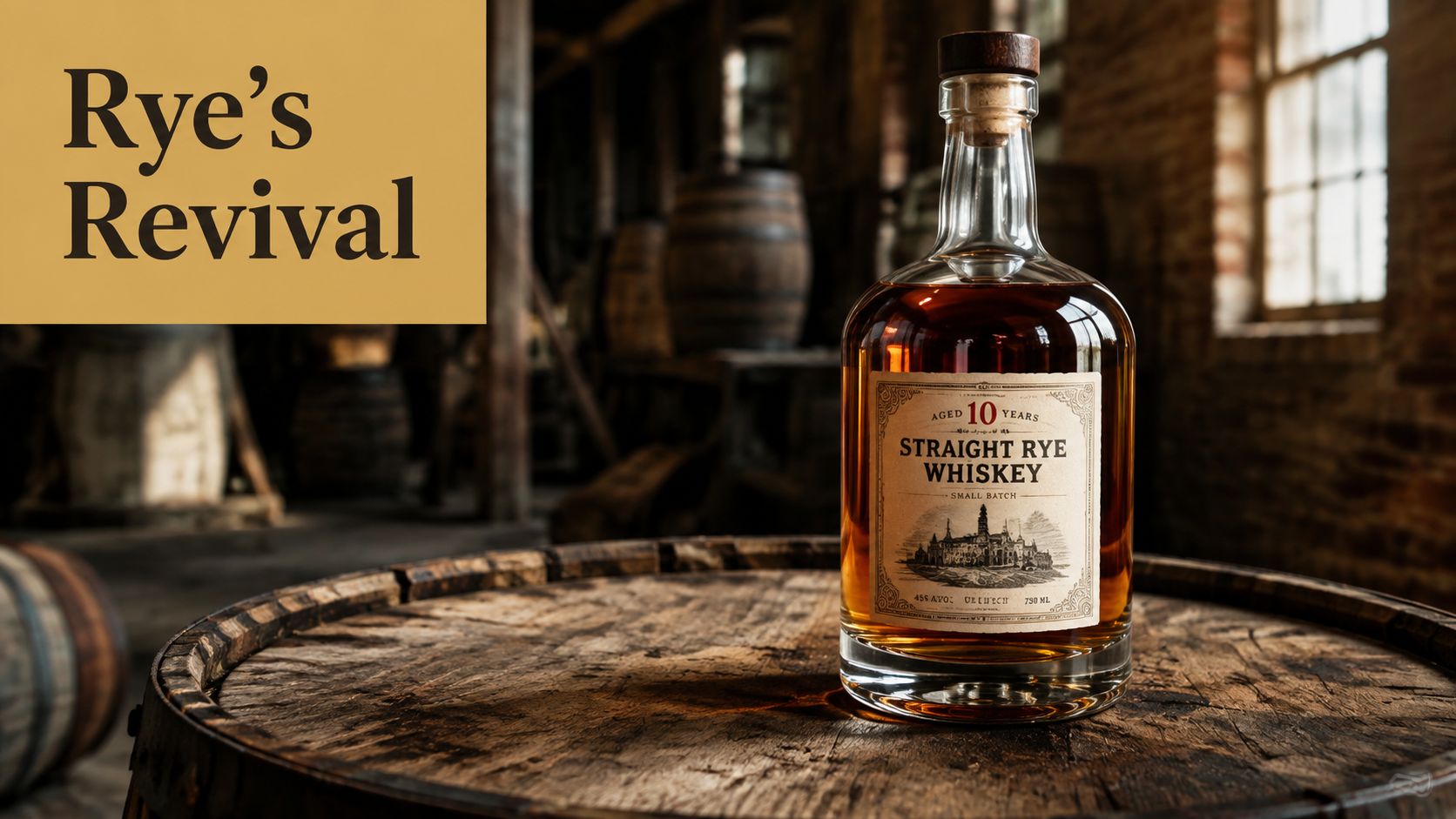 A premium bottle of 10-year aged straight rye whiskey resting on a rustic wooden barrel inside a distillery.