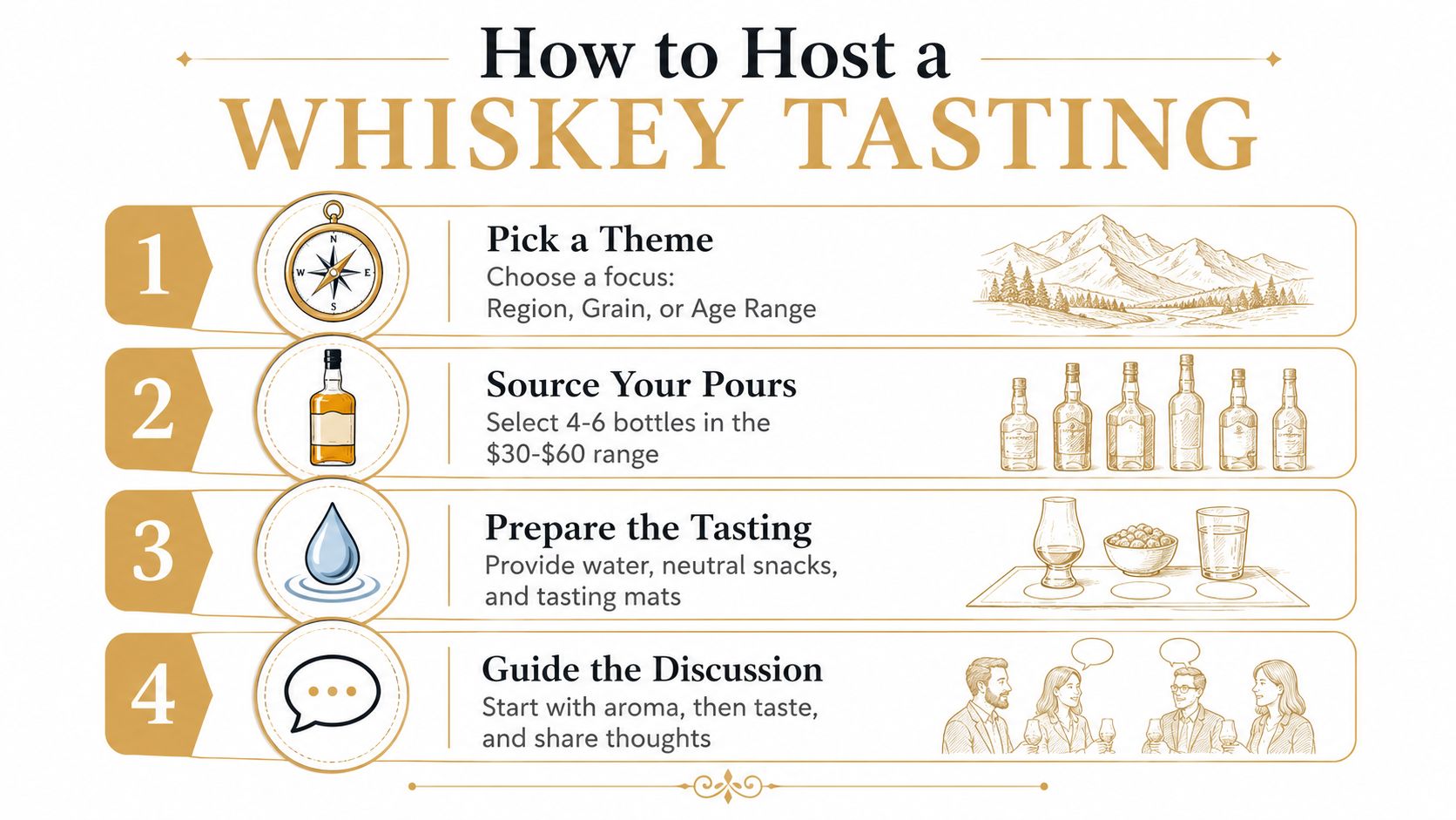 An infographic titled How to Host a Whiskey Tasting featuring four numbered steps with illustrative icons.