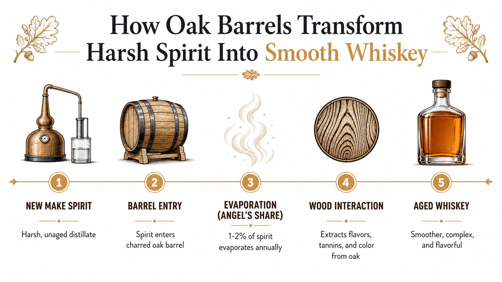 A five-step infographic showing the whiskey aging process from distillation to the final aged spirit in a bottle.