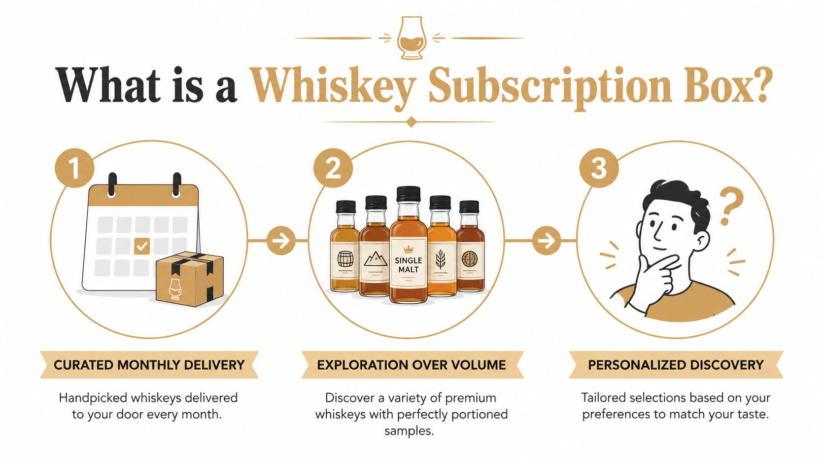 An infographic explaining how a whiskey subscription box works through three simple steps of delivery and discovery.