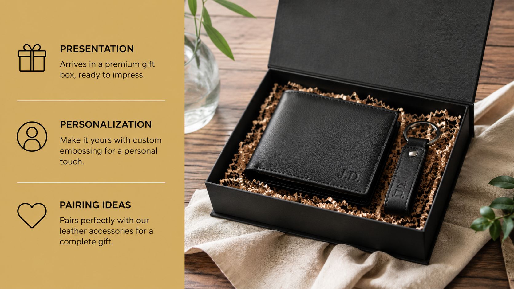 A premium black gift box containing a personalized leather wallet and keychain for whiskey gifts for women.